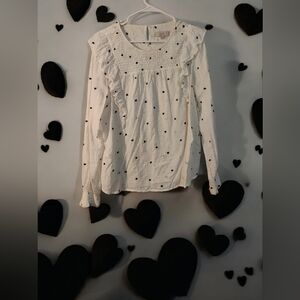 Loft Pointelle Long sleeve Blouse With Small Black Hearts Size Large
